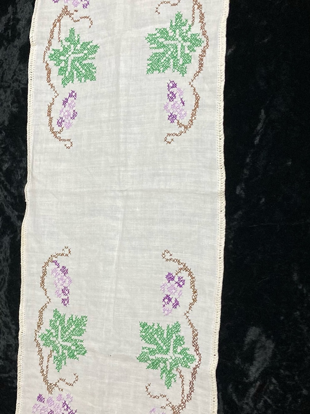 Embroidered Linen Runner with Green and Purple Motif 38x13”